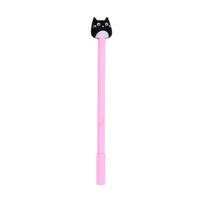 Pink pen with a black cat-shaped cap on a white background