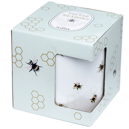 Boxed planter with bee design and 'Nectar Meadows' branding on a white background