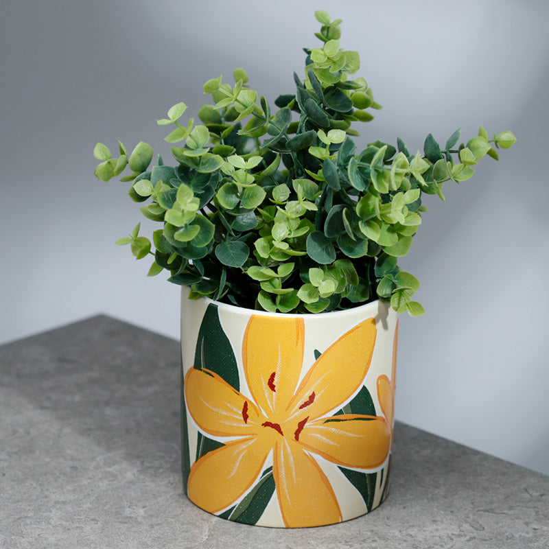 Potted plant in a decorative pot with yellow flower design on a gray surface.