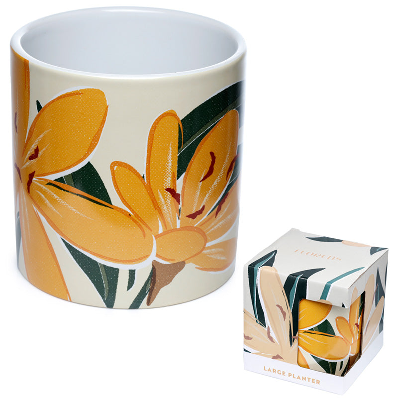 Floral-patterned planter with matching box on a white background