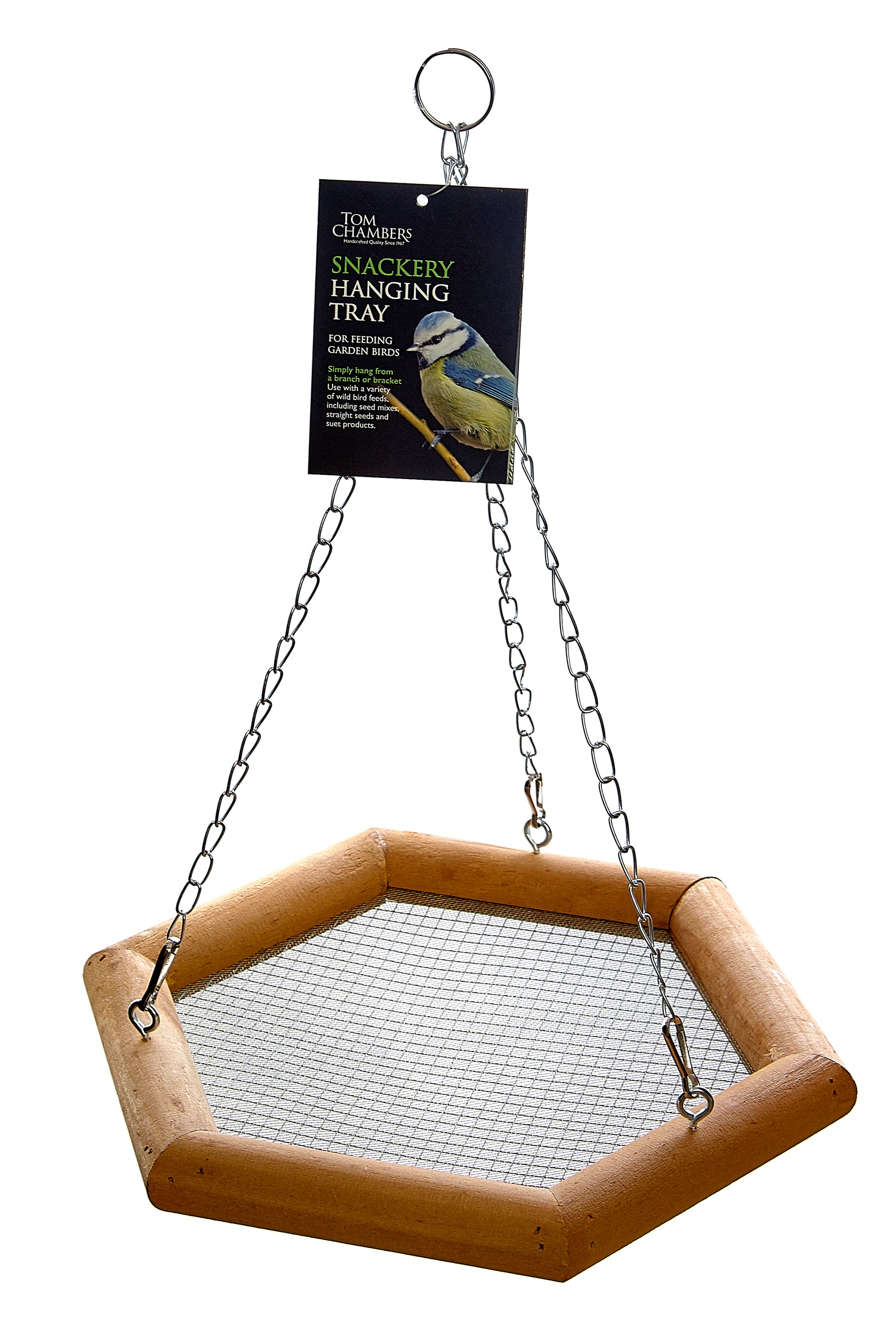 Hexagonal wooden bird perch with metal mesh bottom on a white background
