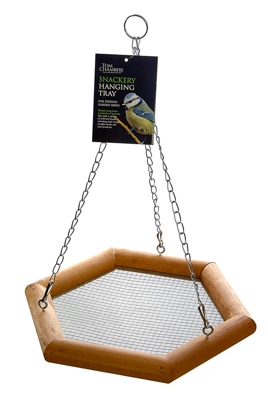 Hexagonal wooden bird perch with metal mesh bottom on a white background
