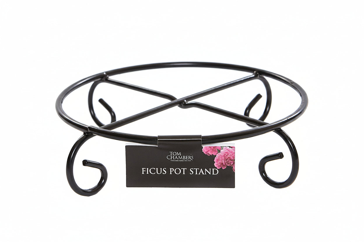 Black metal ficus pot stand with a label on a white background