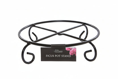 Black metal ficus pot stand with a label on a white background