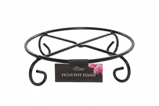 Black metal ficus pot stand with a label on a white background