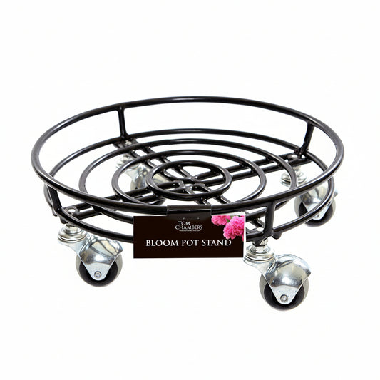 Black metal bloom pot stand with wheels on a white background, featuring a label for Tom Chamber.