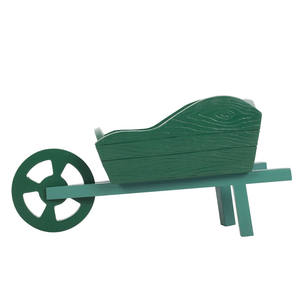 Green wooden wheelbarrow toy on a white background