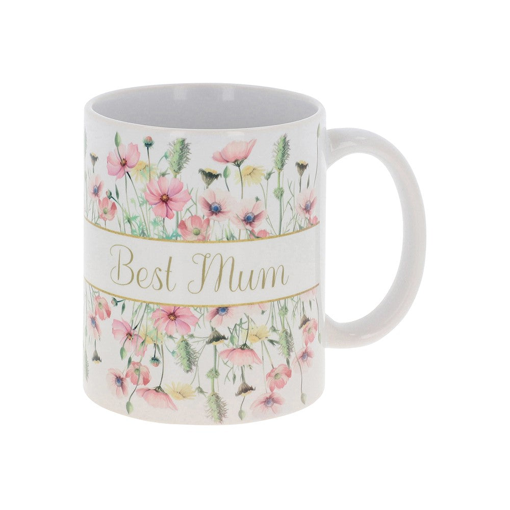 Mug with floral design and 'Best Mum' text on a white background