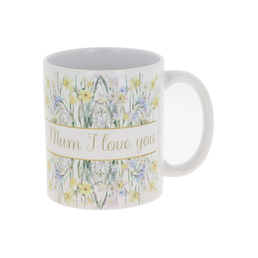 Mug with floral design and 'Mum I love you' text on a white background