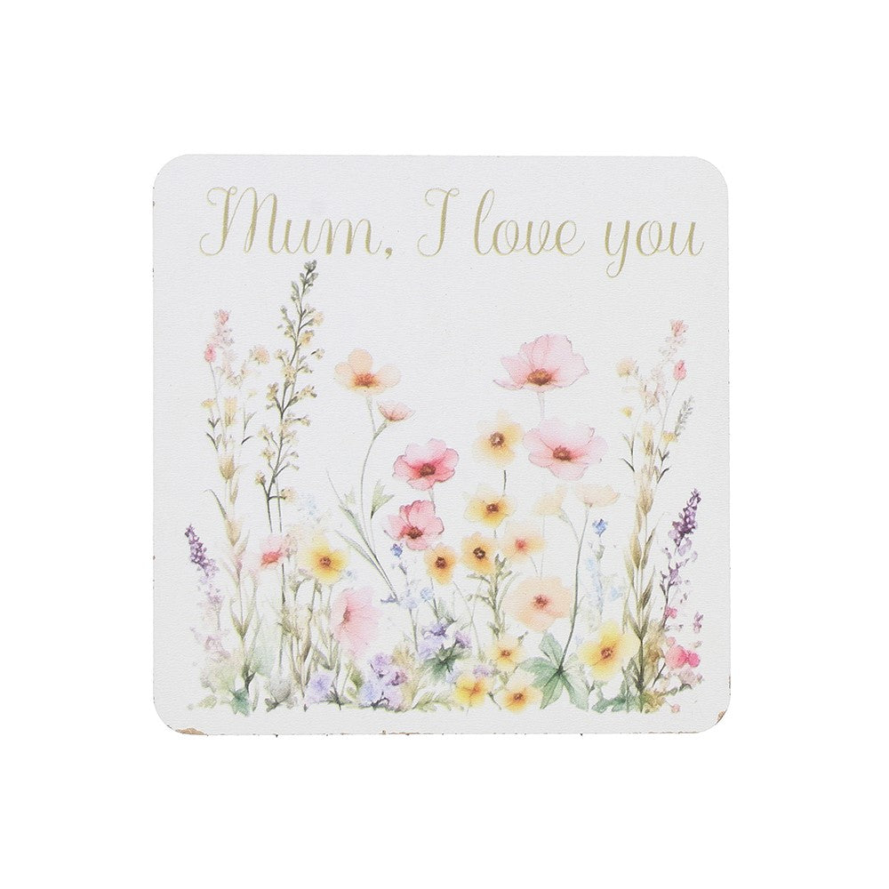 Card with floral design and 'Mum, I love you' text on a white background