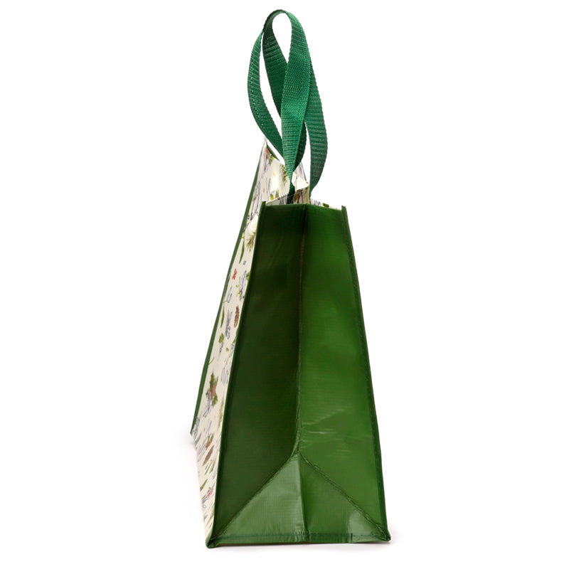 Green paper bag with a patterned base on a white background