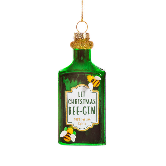 Decorative green bottle ornament with 'Let Christmas Bee-Gin' text and bee designs on a white background.