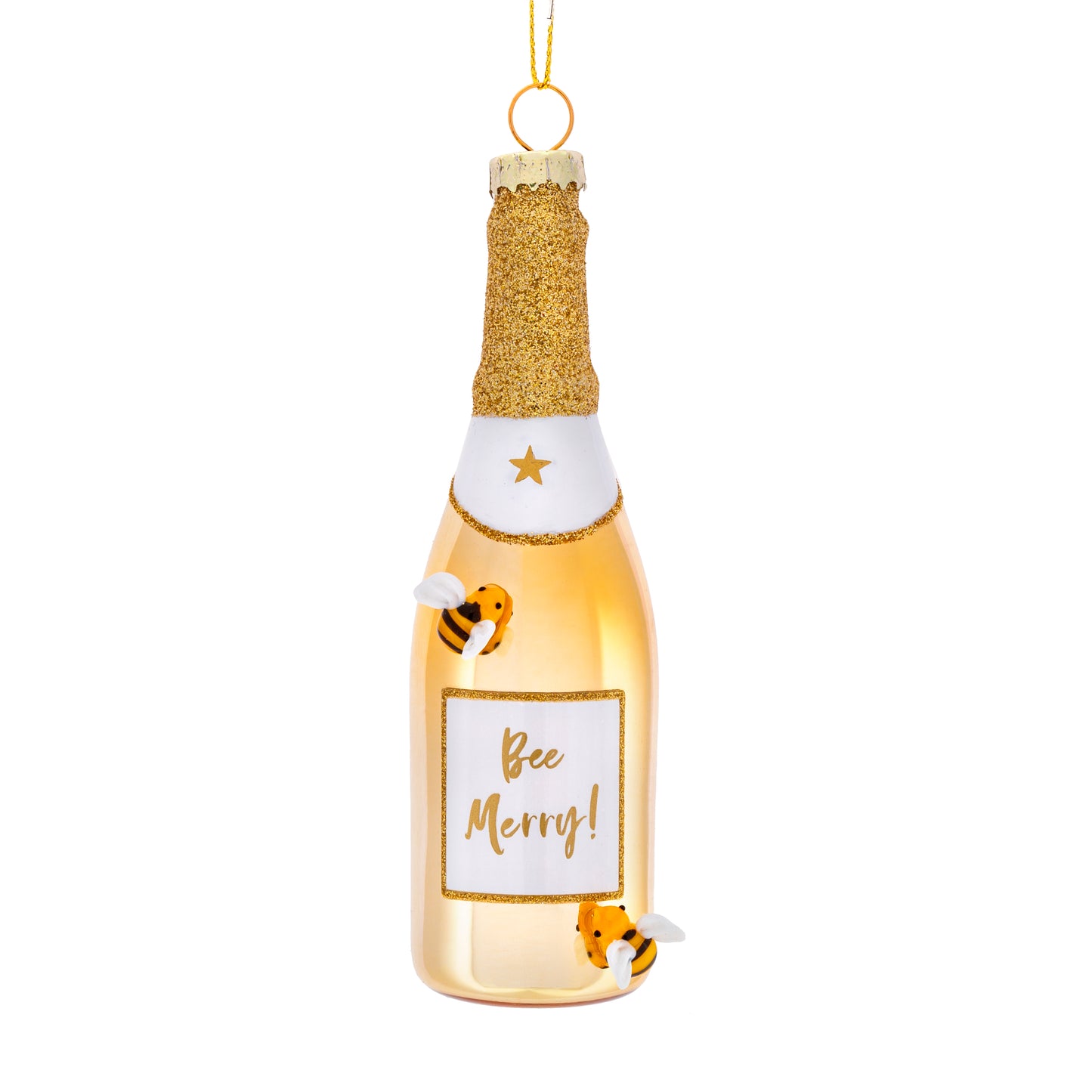 Decorative bottle ornament with a bee and 'Bee Merry!' label on a white background
