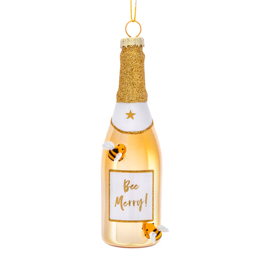 Decorative bottle ornament with a bee and 'Bee Merry!' label on a white background