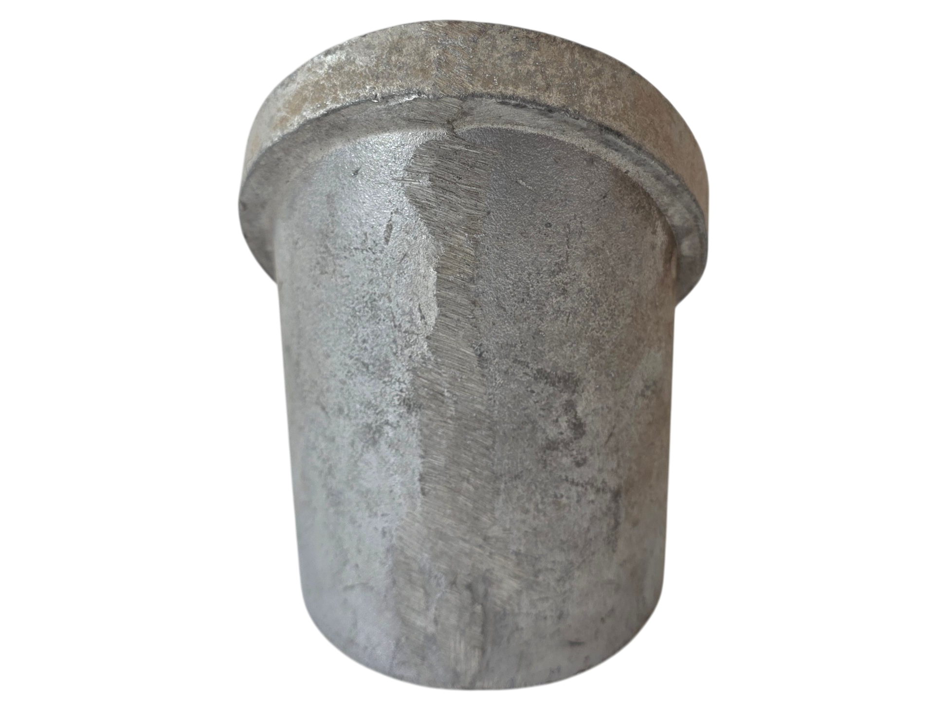 A cylindrical metal pipe fitting or connector with a textured, brushed silver-gray finish, isolated on a white background.