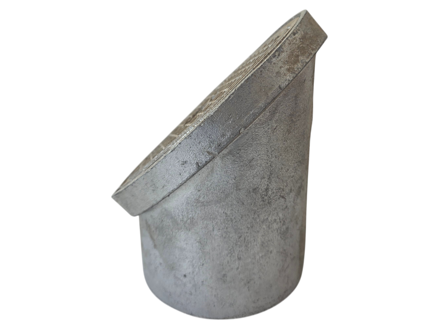 A gray cast iron or metal bucket with a tapered, angled top rim, shown on a plain white background.