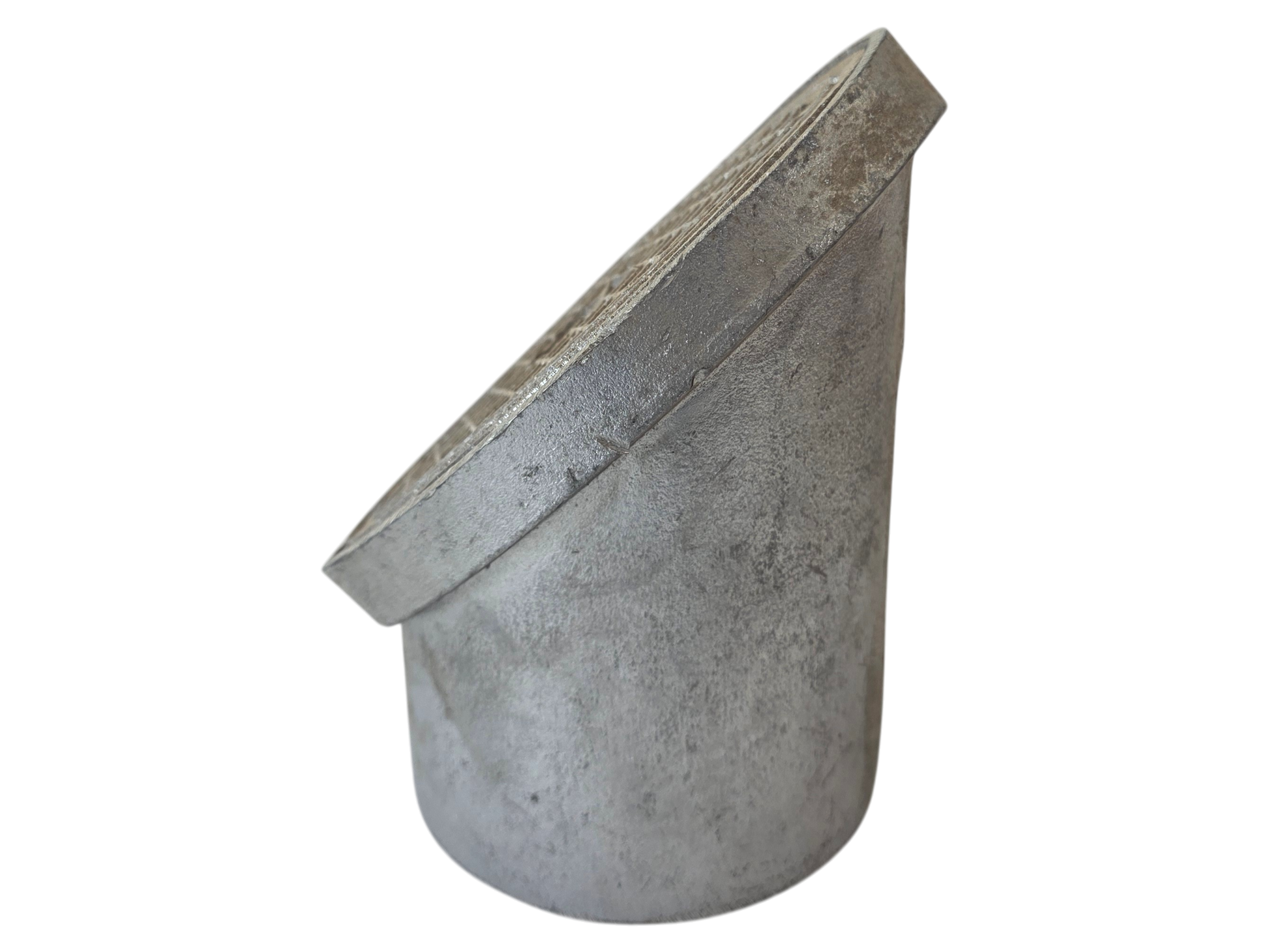 A gray cast iron or metal bucket with a tapered, angled top rim, shown on a plain white background.