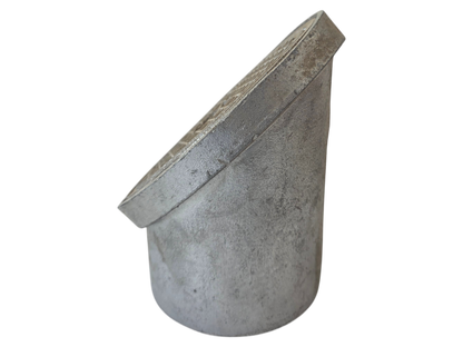 A gray cast iron or metal bucket with a tapered, angled top rim, shown on a plain white background.