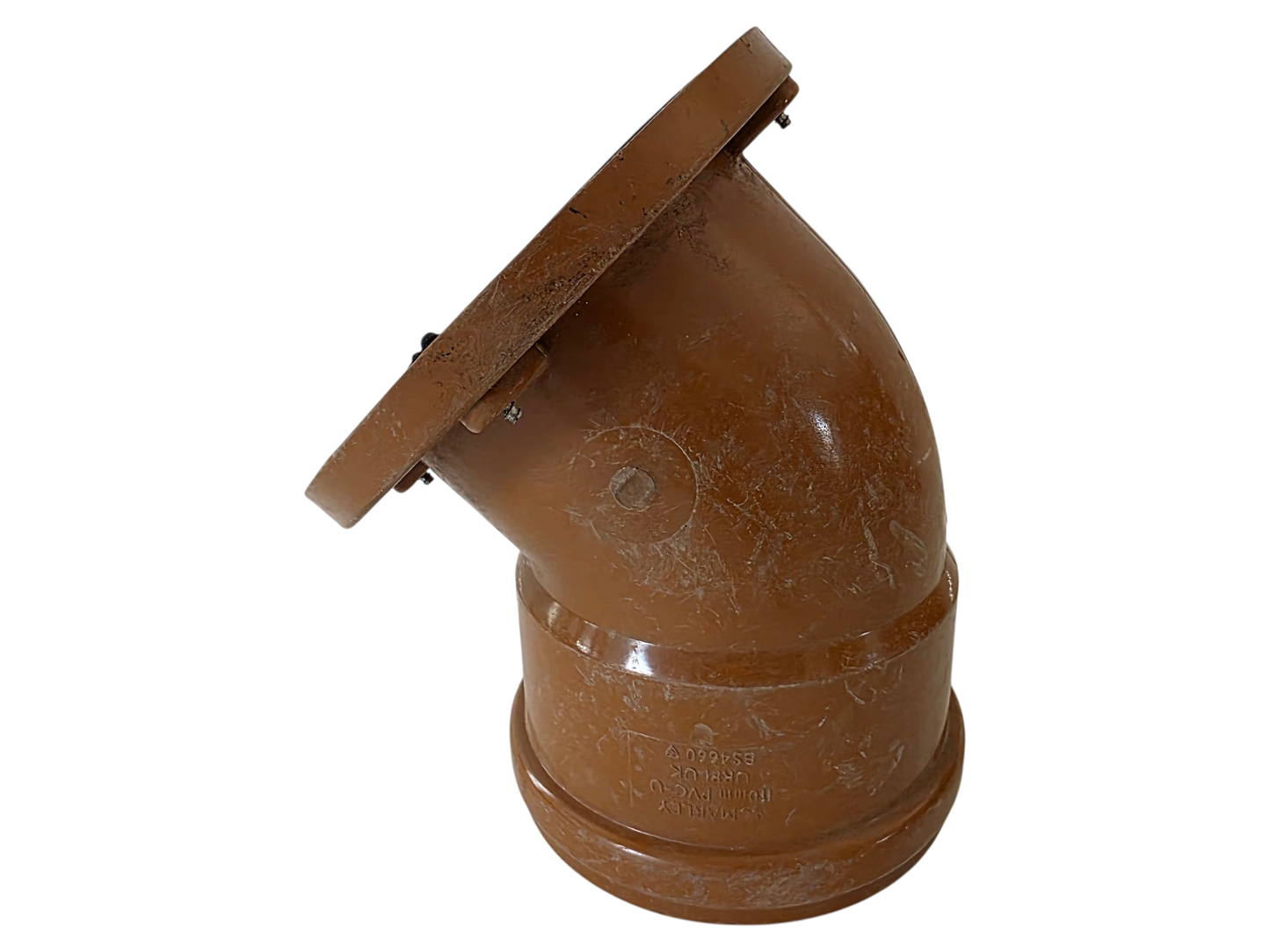 A brown plastic elbow pipe fitting with a circular flange on one end, shown against a plain white background.