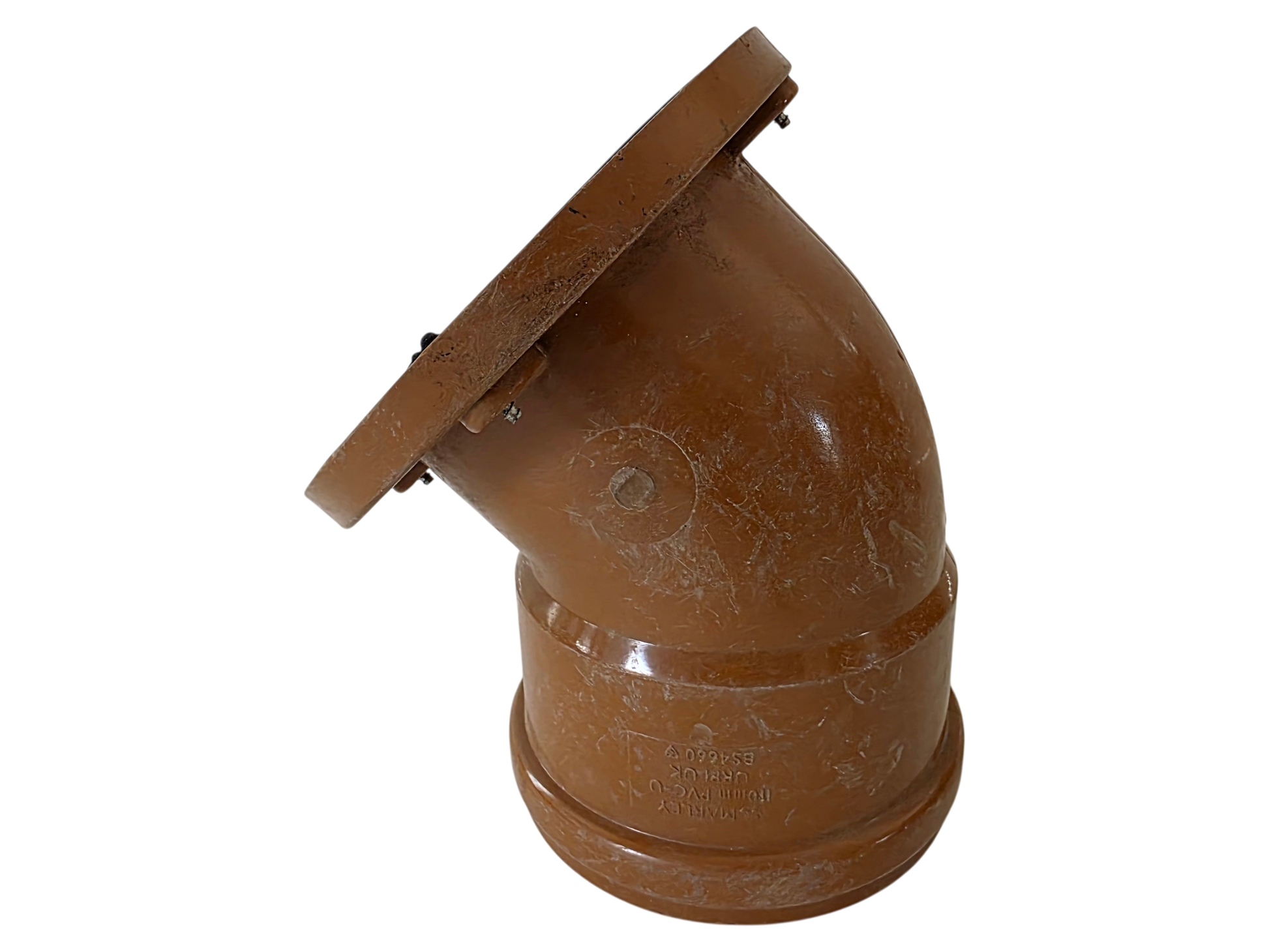 A brown plastic elbow pipe fitting with a circular flange on one end, shown against a plain white background.