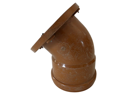 A brown plastic elbow pipe fitting with a circular flange on one end, shown against a plain white background.