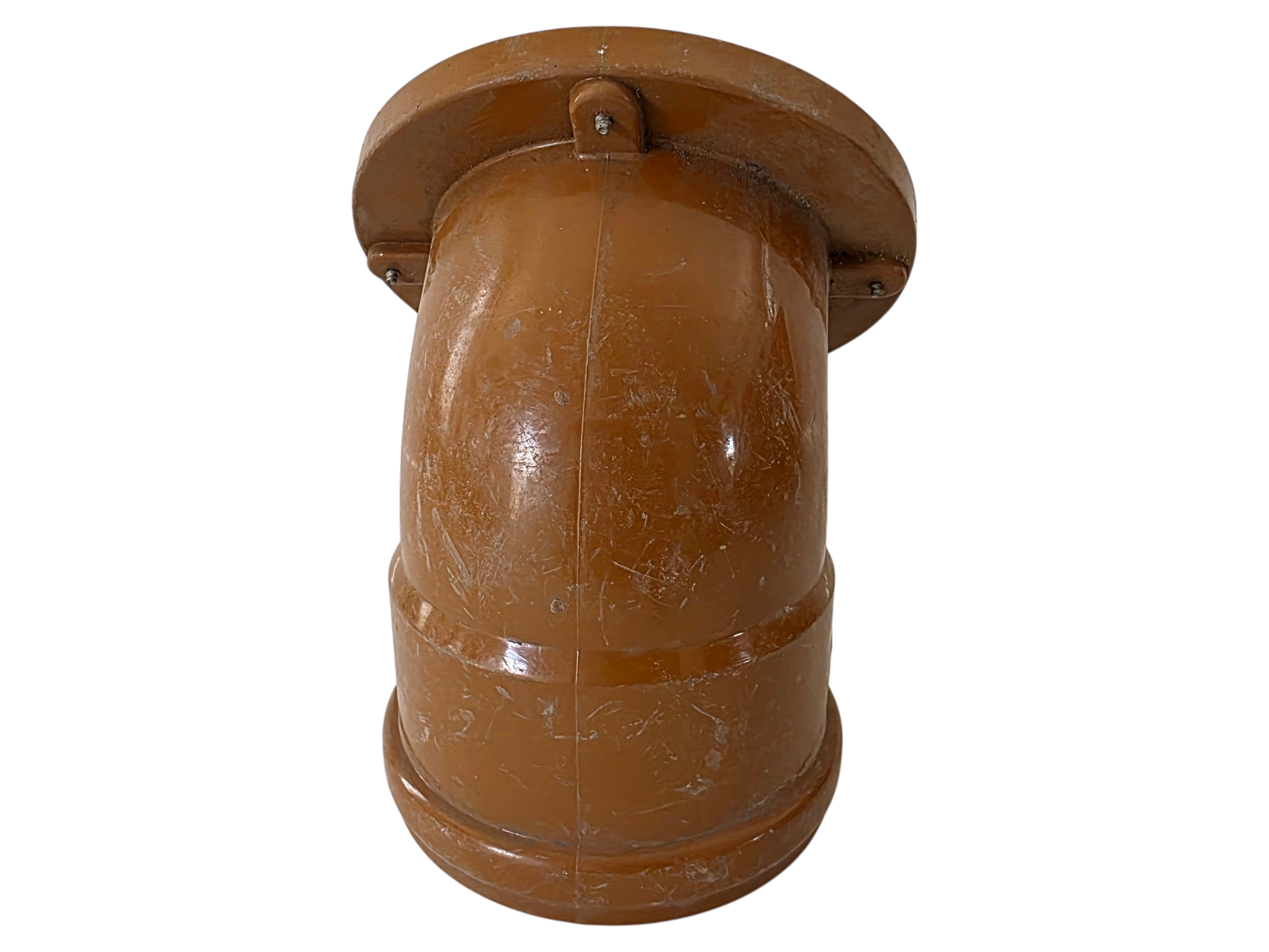 A brown plastic or rubber elbow pipe fitting with a circular flange, shown against a plain white background.