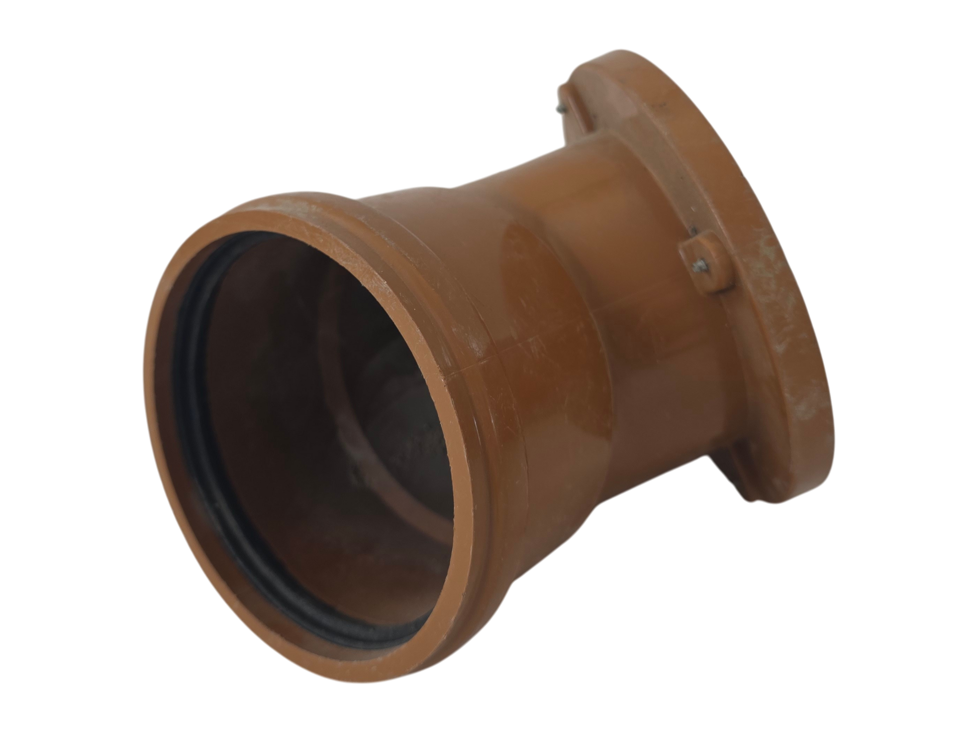 A brown plastic pipe fitting or connector with a flanged end, shown on a plain white background.