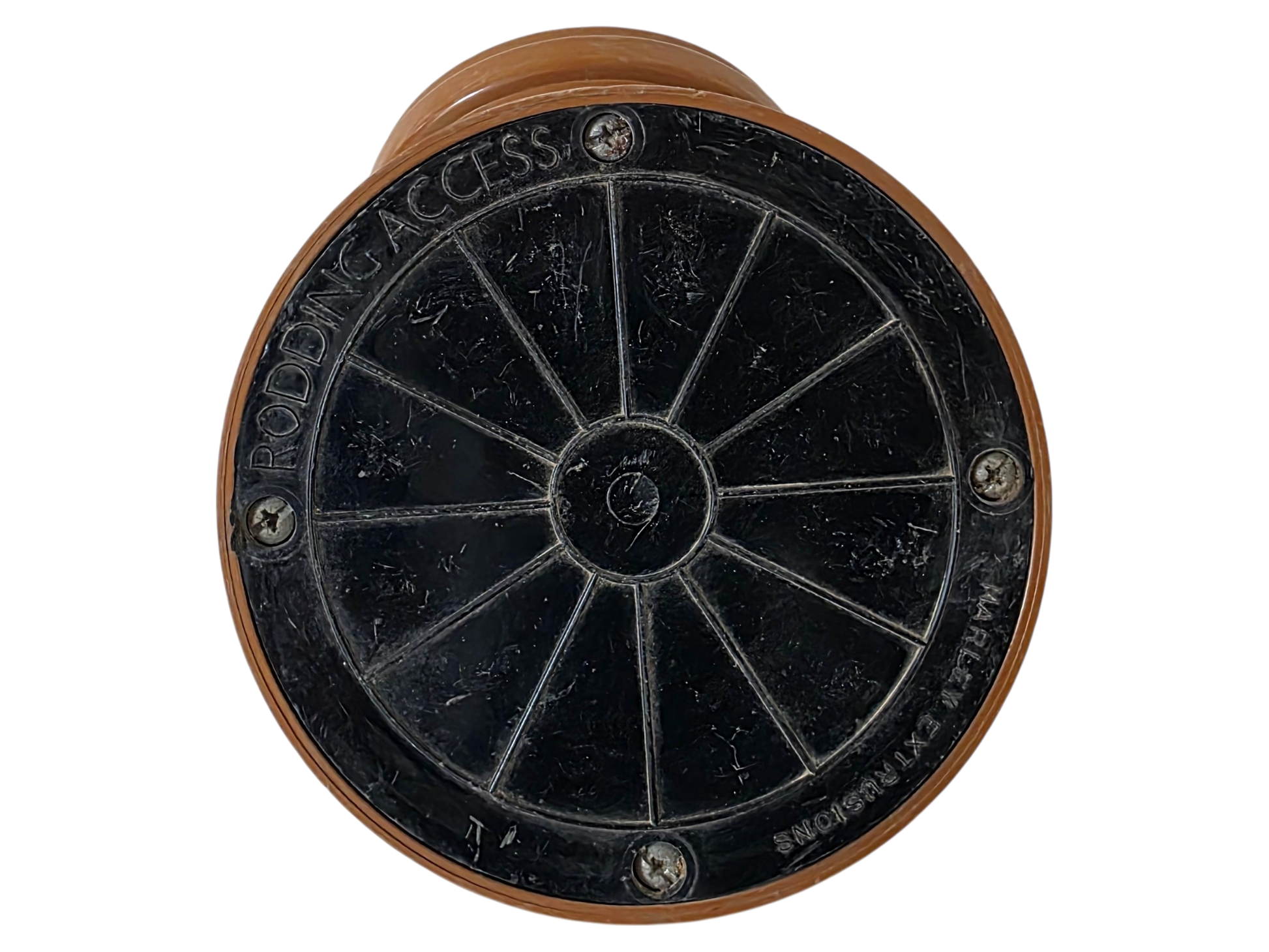 A circular black metal access plate with radial spokes and a brown outer frame, photographed on a plain white background.