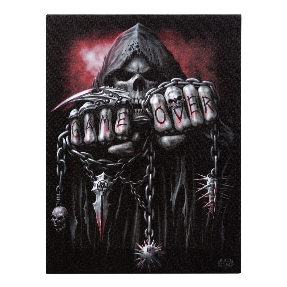 Grim Reaper with chains and 'Game Over' gloves on a dark background