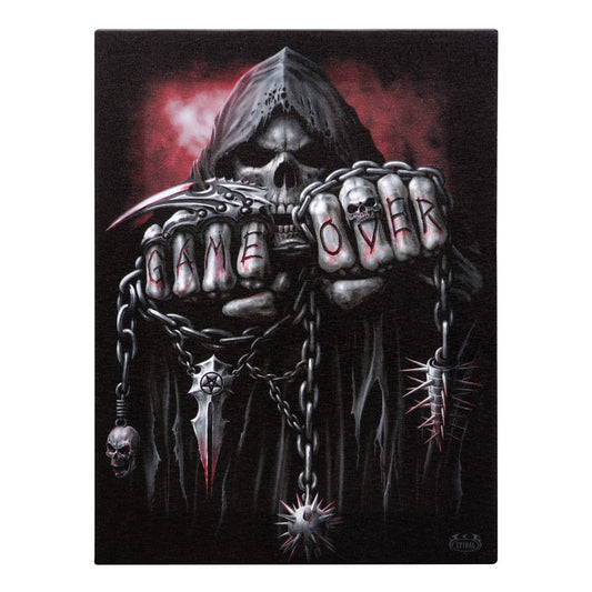 Grim Reaper with chains and 'Game Over' gloves on a dark background