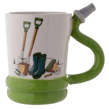 Green mug with garden-themed design on a white background