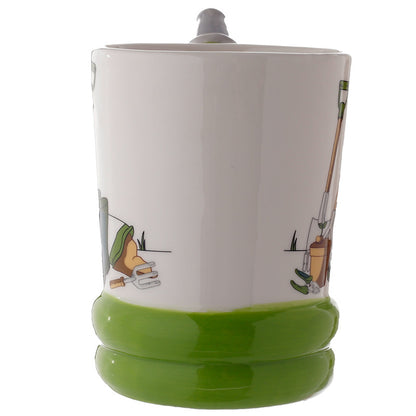 Green and white cup with a unique handle design on a white background