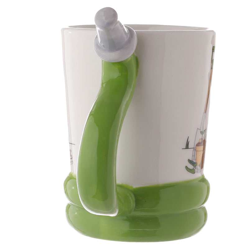 Green and white cup with a unique handle design on a white background