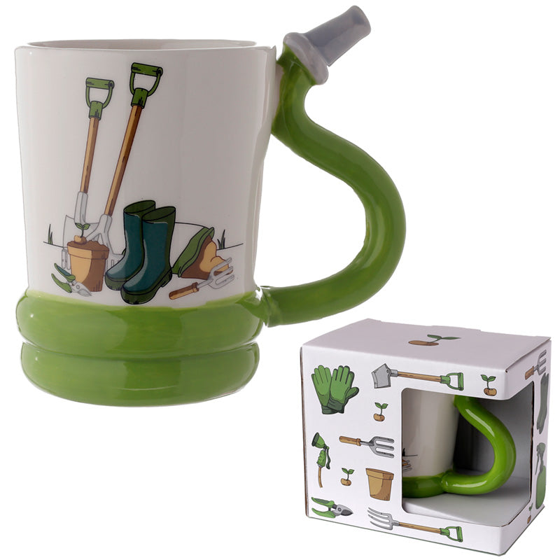Green and white cup with a unique handle design on a white background