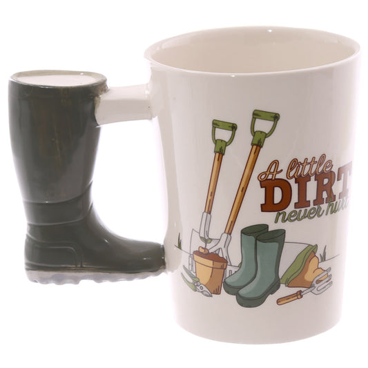 Mug with garden-themed design and wellington boot handle on a white background
