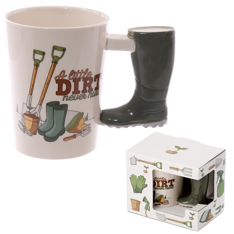 Gardening-themed mug with boots and gardening tools, displayed with packaging.