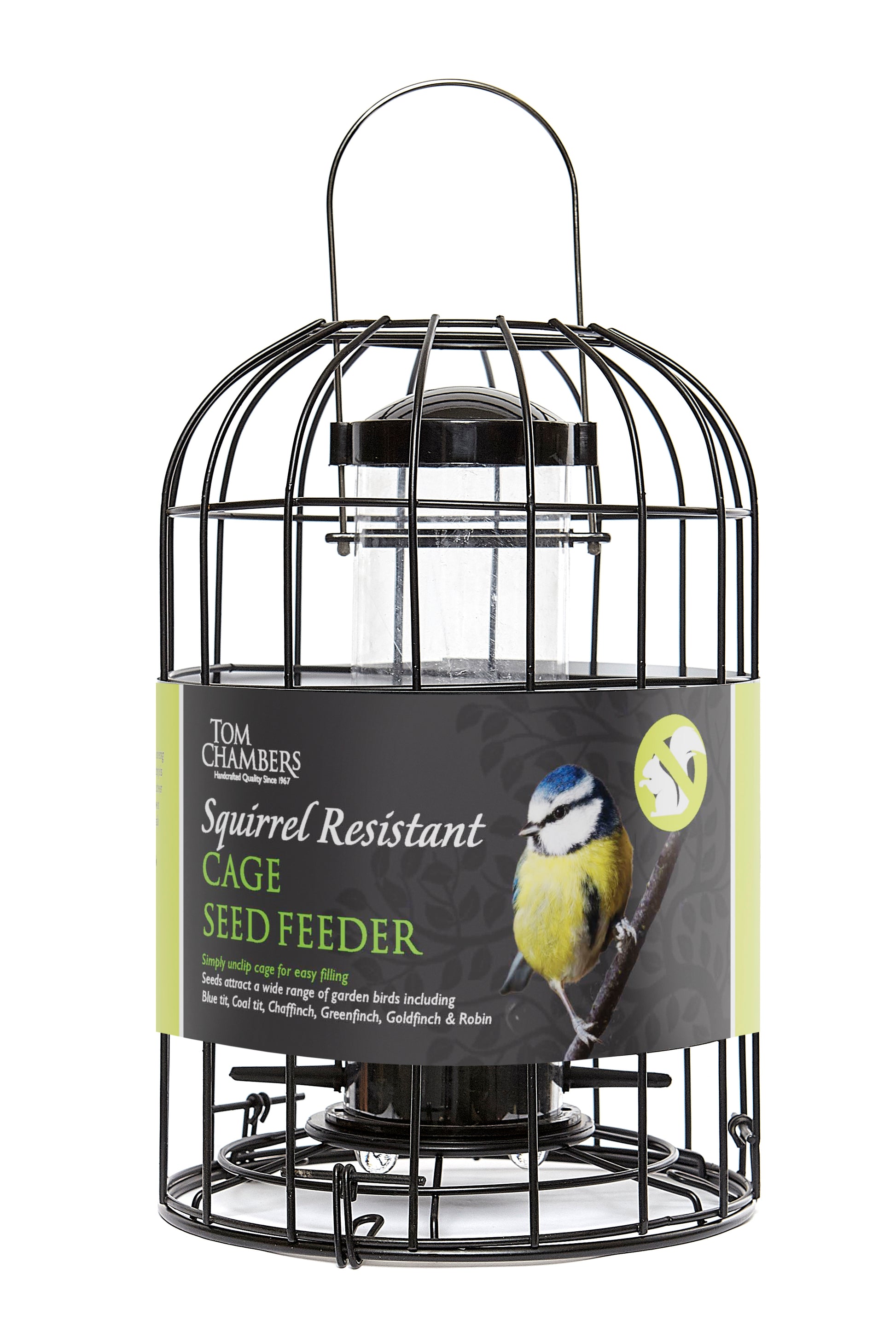 Squirrel-resistant cage seed feeder with a label on a white background