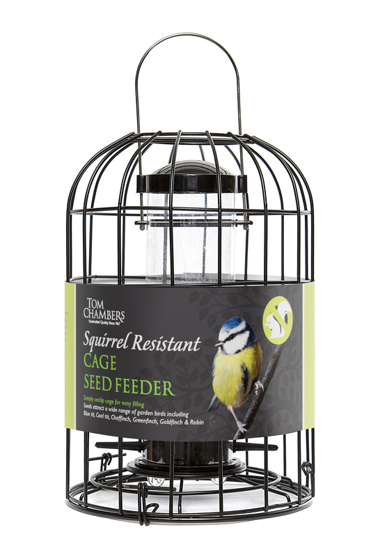 Squirrel-resistant cage seed feeder with a label on a white background