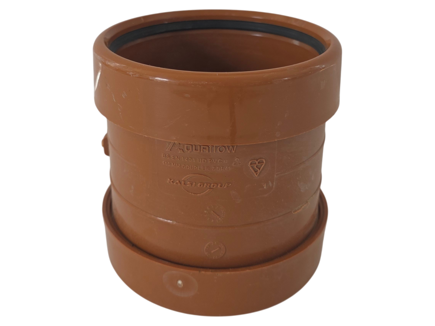 A terracotta-colored plastic drainage pipe adapter with a flanged connection, featuring embossed branding and a black inner gasket ring, shown on a plain white background.