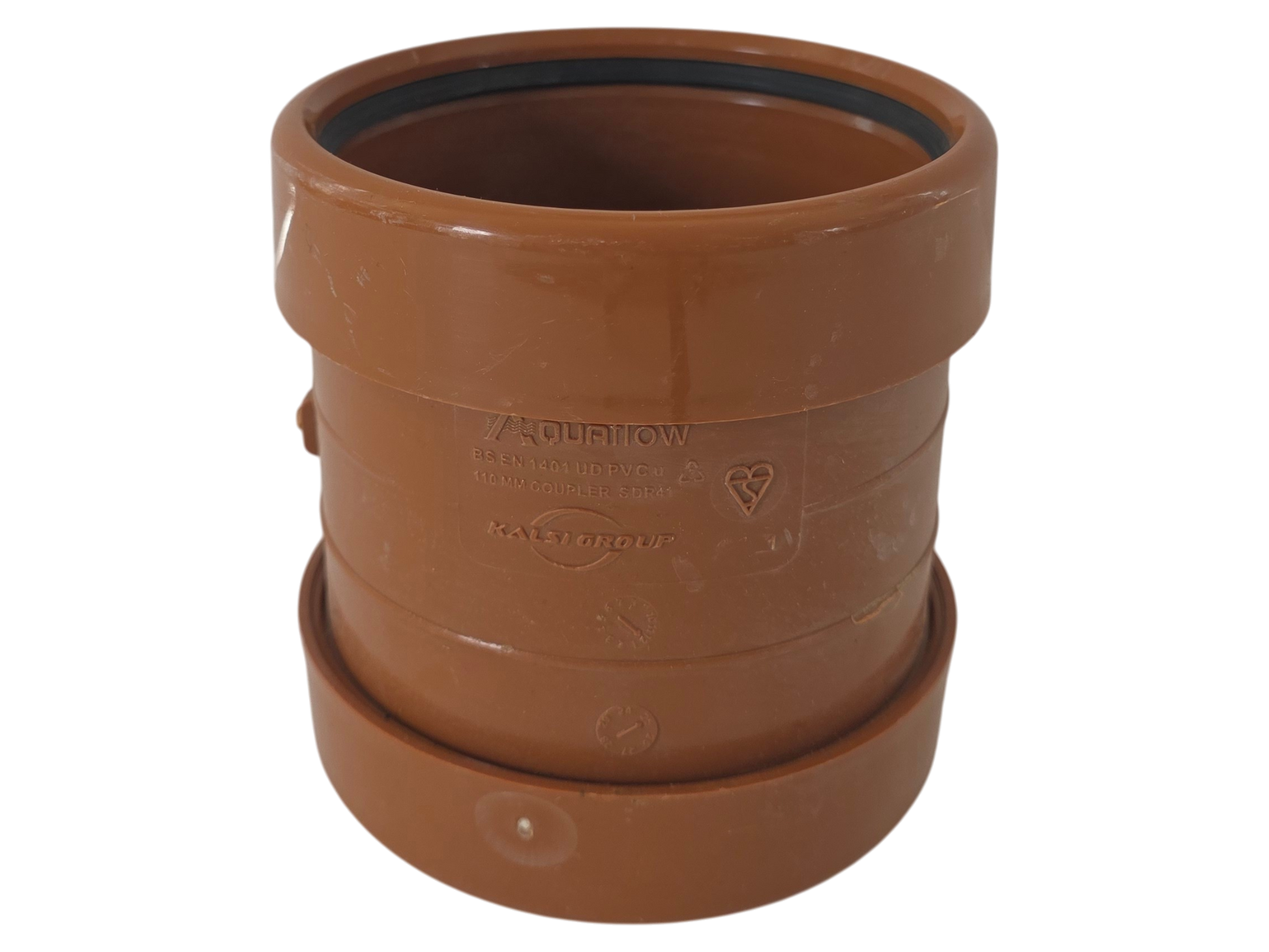 A terracotta-colored plastic drainage pipe adapter with a flanged connection, featuring embossed branding and a black inner gasket ring, shown on a plain white background.