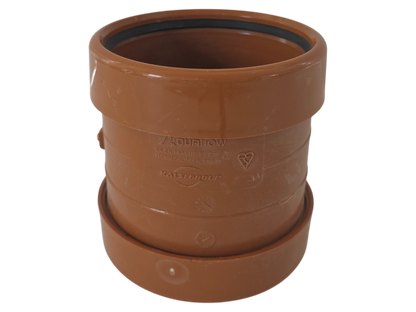 A terracotta-colored plastic drainage pipe adapter with a flanged connection, featuring embossed branding and a black inner gasket ring, shown on a plain white background.