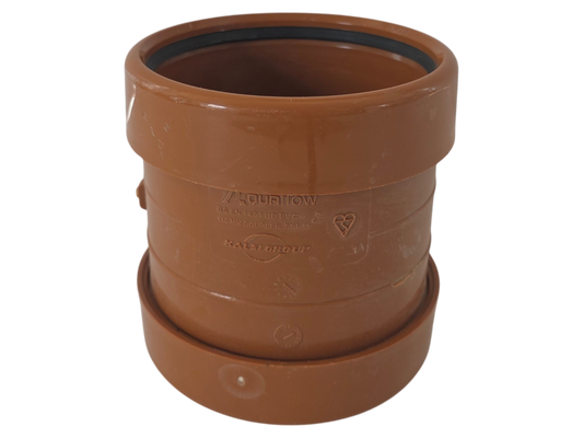 A terracotta-colored plastic drainage pipe adapter with a flanged connection, featuring embossed branding and a black inner gasket ring, shown on a plain white background.