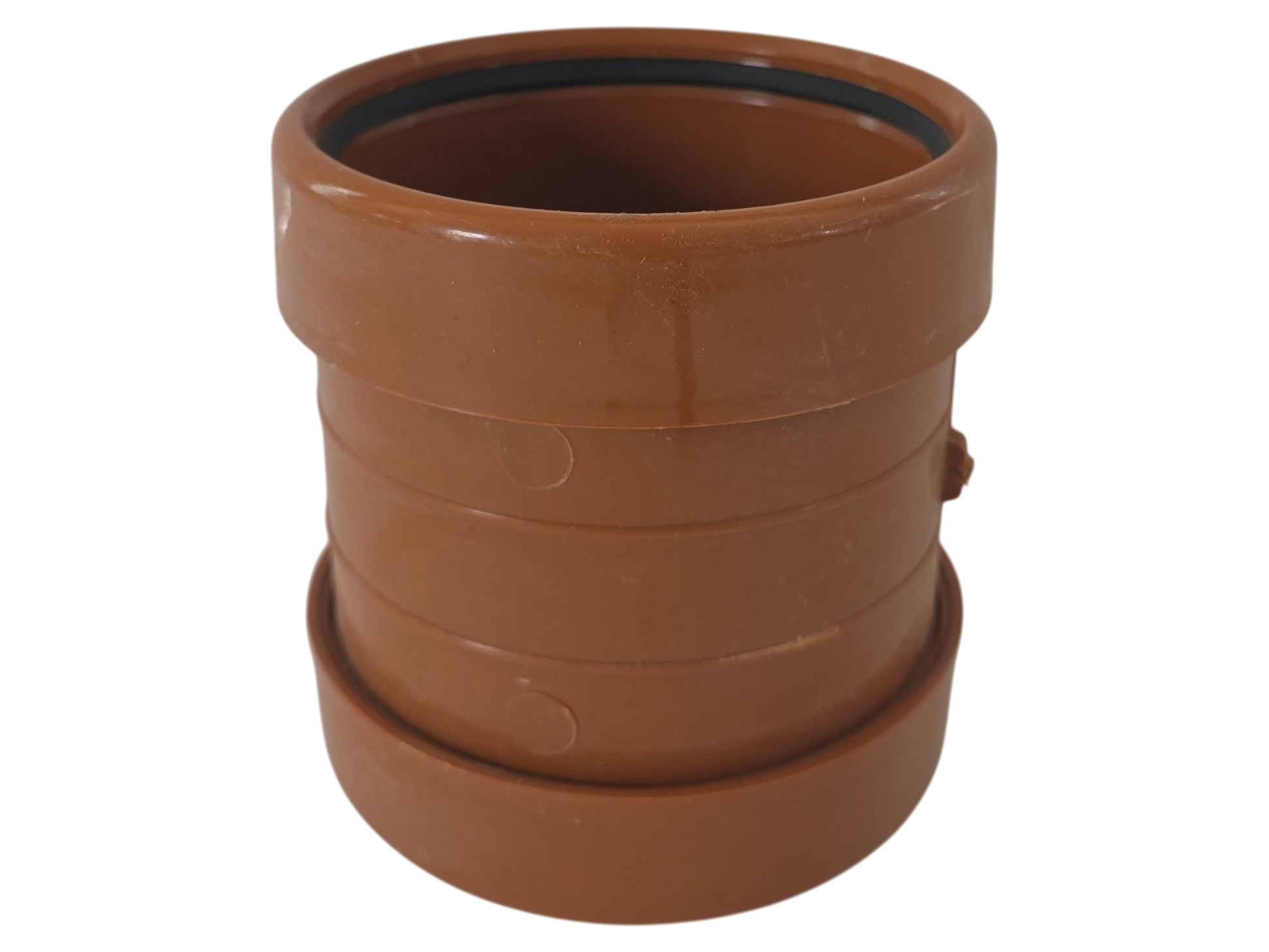 A terracotta-colored plastic or clay pot with a flared rim and a black rubber gasket visible inside the opening, isolated on a white background.