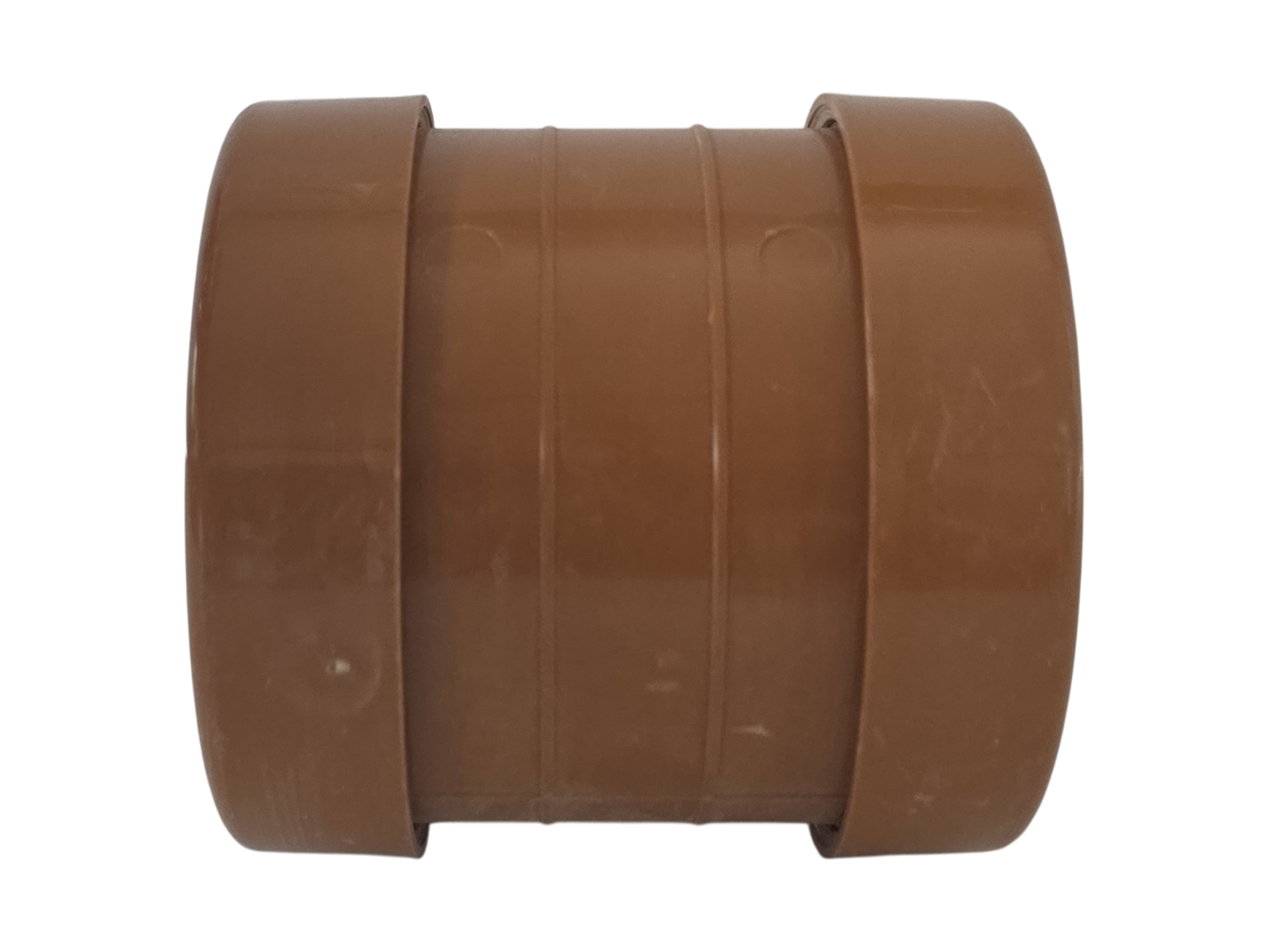 A brown plastic pipe connector fitting with three concentric ridged bands, isolated on a white background.