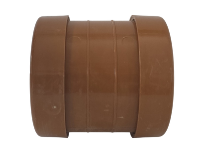 A brown plastic pipe connector fitting with three concentric ridged bands, isolated on a white background.