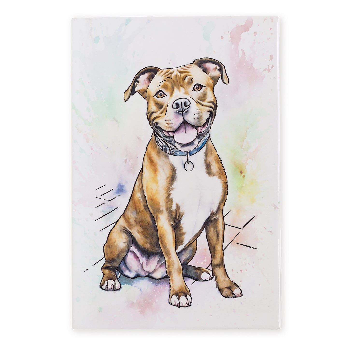 Illustration of a brown and white dog with a colorful watercolor background