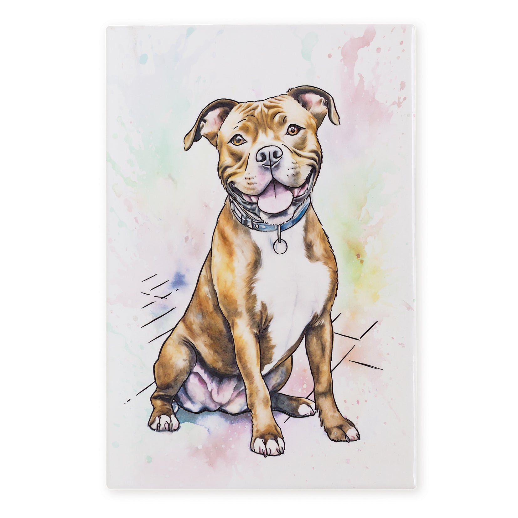 Illustration of a brown and white dog with a colorful watercolor background