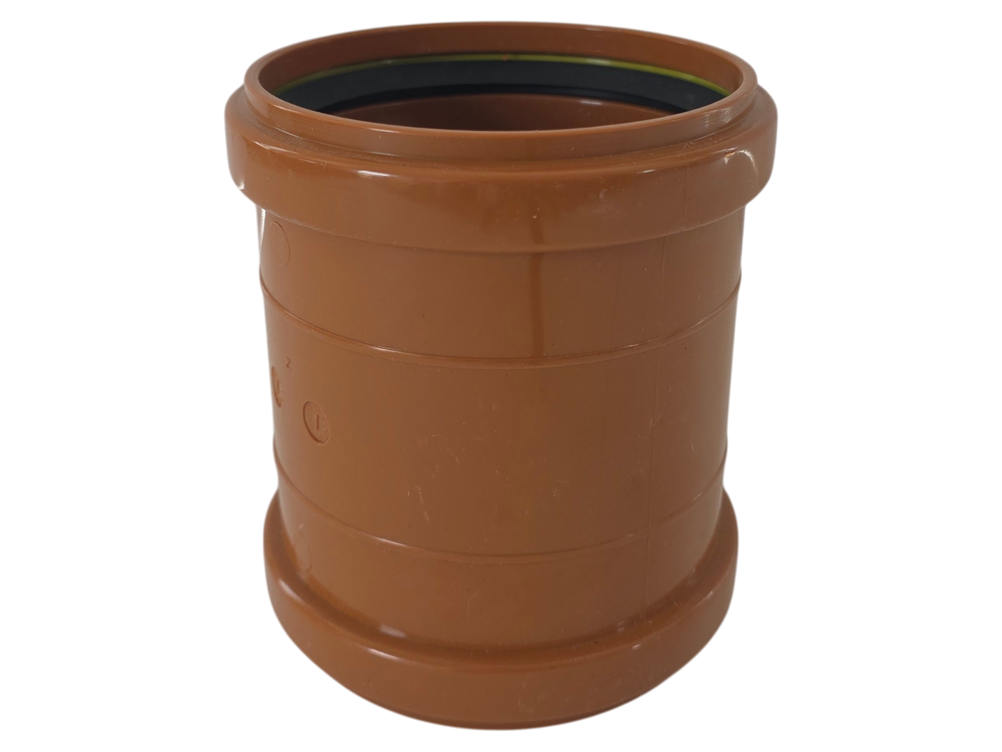 A terracotta-colored plastic pipe fitting or connector with a ribbed cylindrical body, shown on a plain white background.
