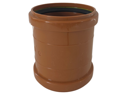 A terracotta-colored plastic pipe fitting or connector with a ribbed cylindrical body, shown on a plain white background.