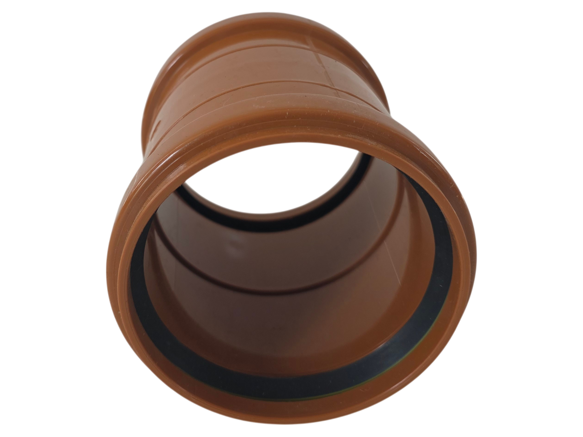 A brown plastic pipe connector fitting with a black rubber gasket visible inside the open end, shown on a plain white background.